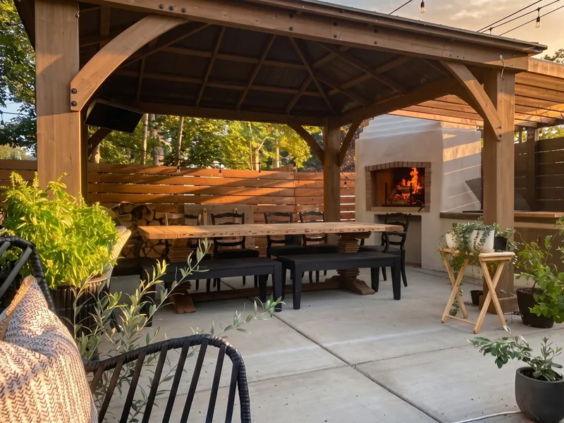 Timber pergola pavilion with a long reclaimed-wood dining table and a lit wood-fired fireplace at golden hour