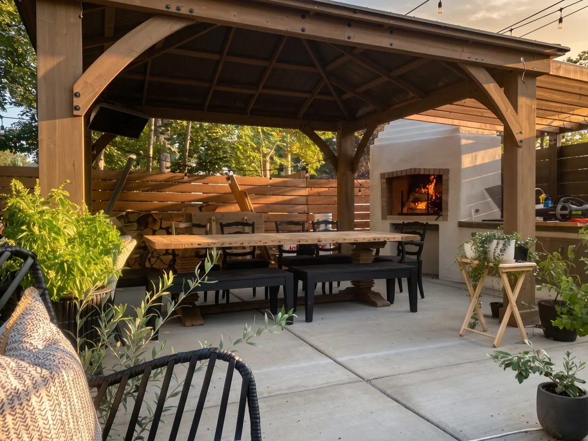 Timber pergola with a long dining table and a lit wood-fired fireplace