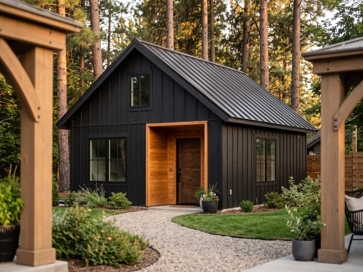 Concept rendering of a small black board-and-batten backyard structure among pine trees