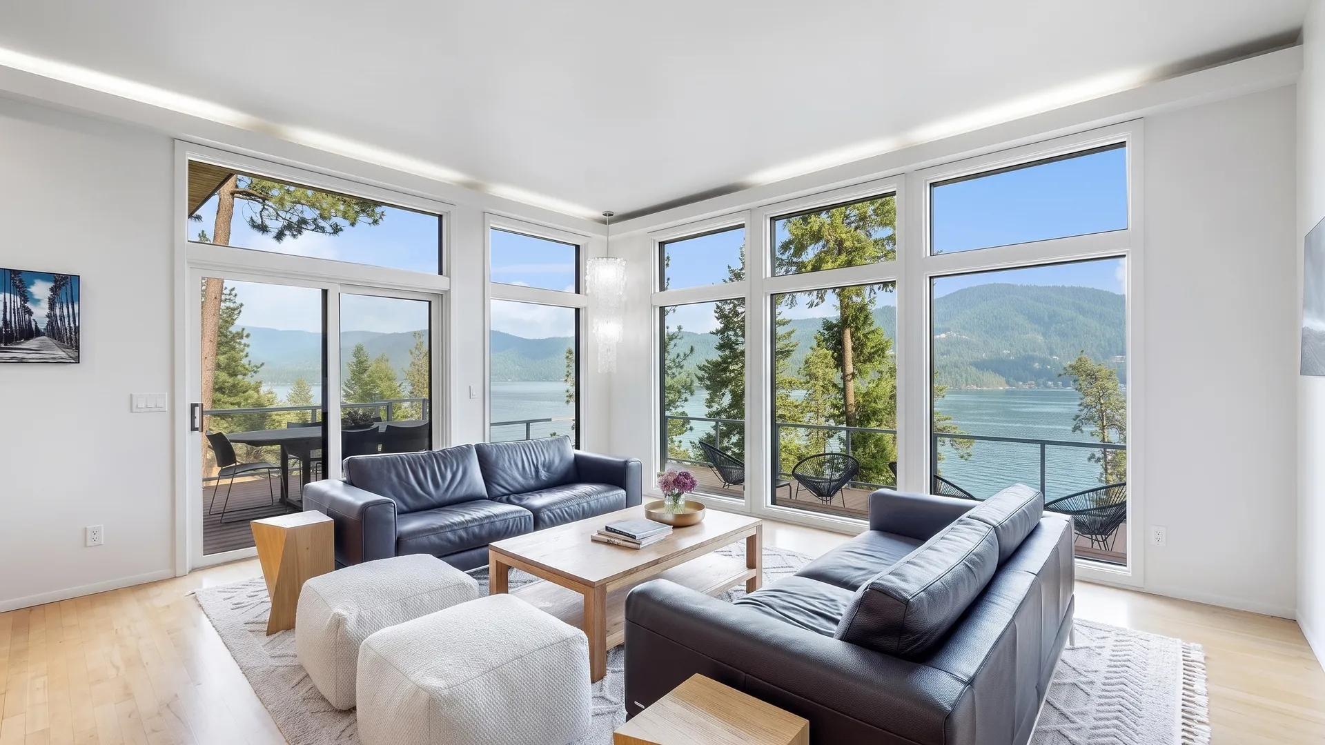 Remodeled Hayden Lake living room with floor-to-ceiling windows overlooking the lake and forested mountains