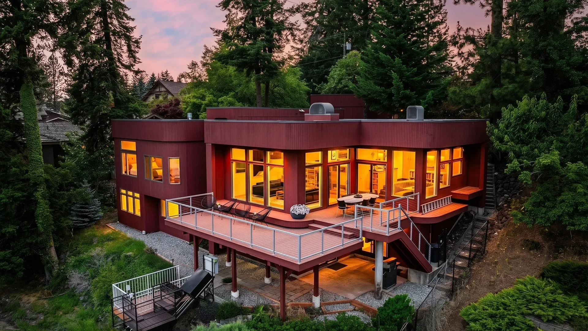 Twilight aerial view of the remodeled Hayden Lake home with a multi-level deck and forested lot