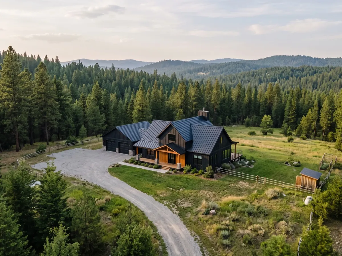 Aerial view of a completed black board-and-batten custom mountain home at golden hour