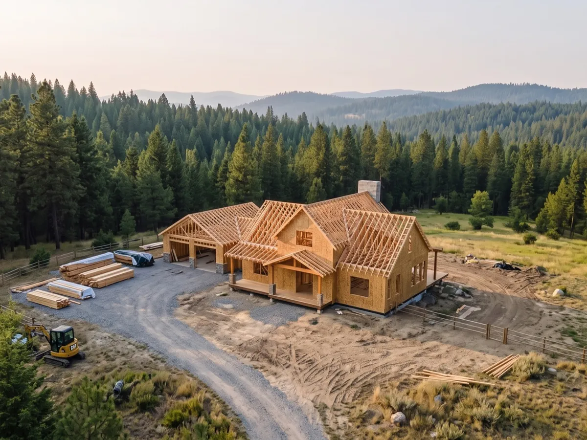 Aerial view of a custom mountain home mid-build at the timber framing stage
