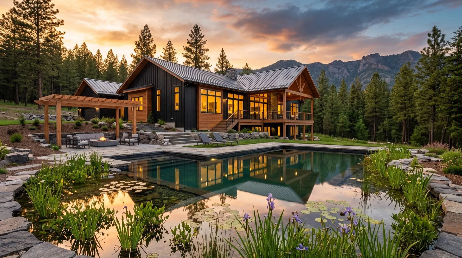 Concept image of a natural swimming pool at twilight with a planted regeneration zone bordering the water