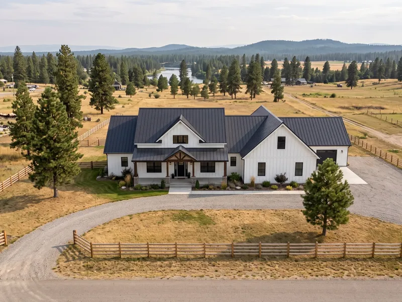 Aerial view of a white farmhouse-style home on riverside prairie acreage near Post Falls