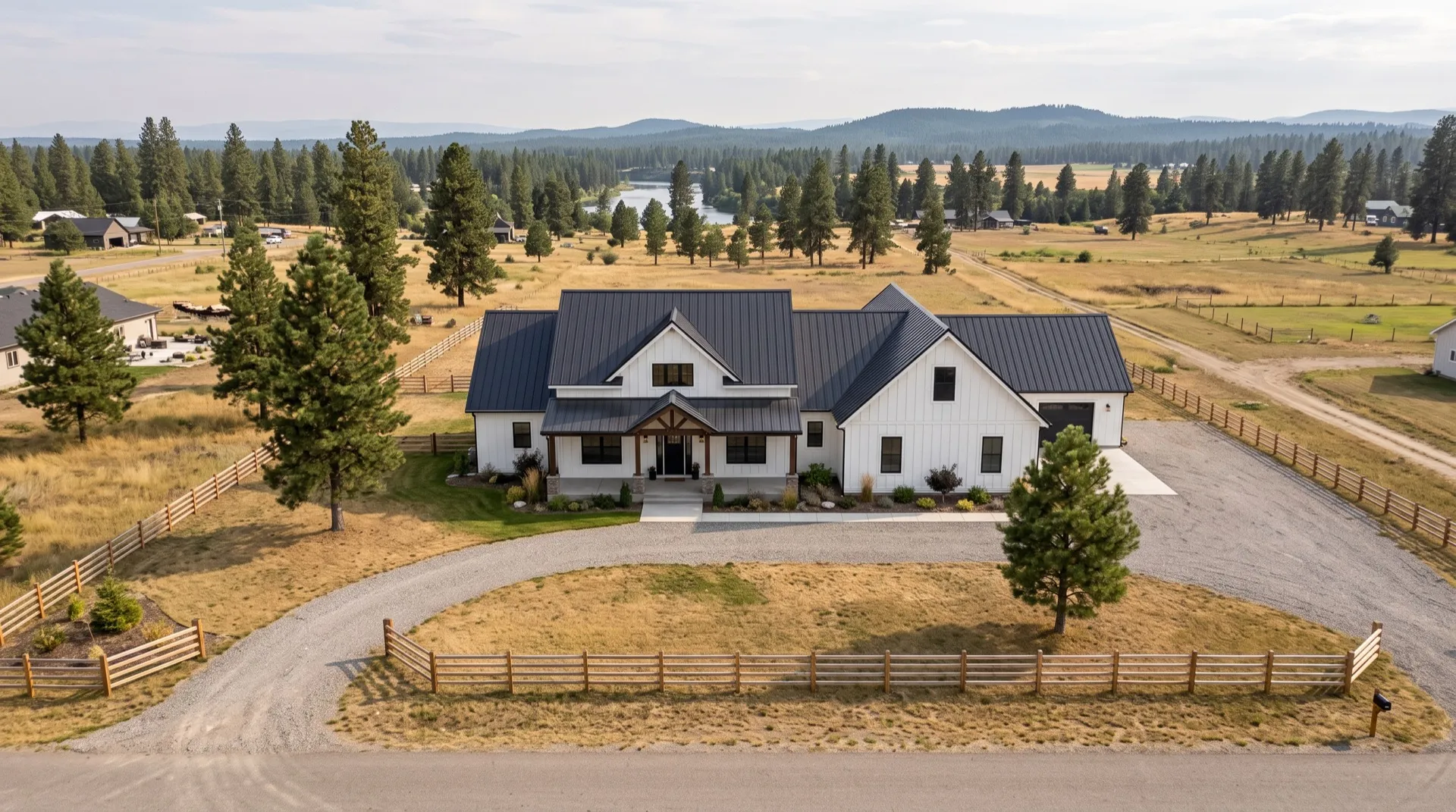 Aerial view of a white farmhouse-style home on riverside prairie acreage near Post Falls