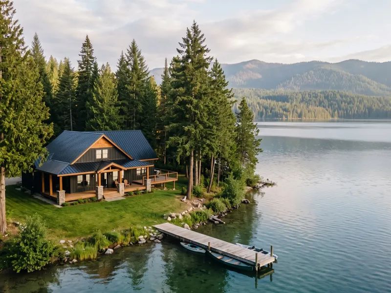 Aerial view of a black and cedar cabin-style custom home on the shore of Priest Lake among tall cedar and pine trees