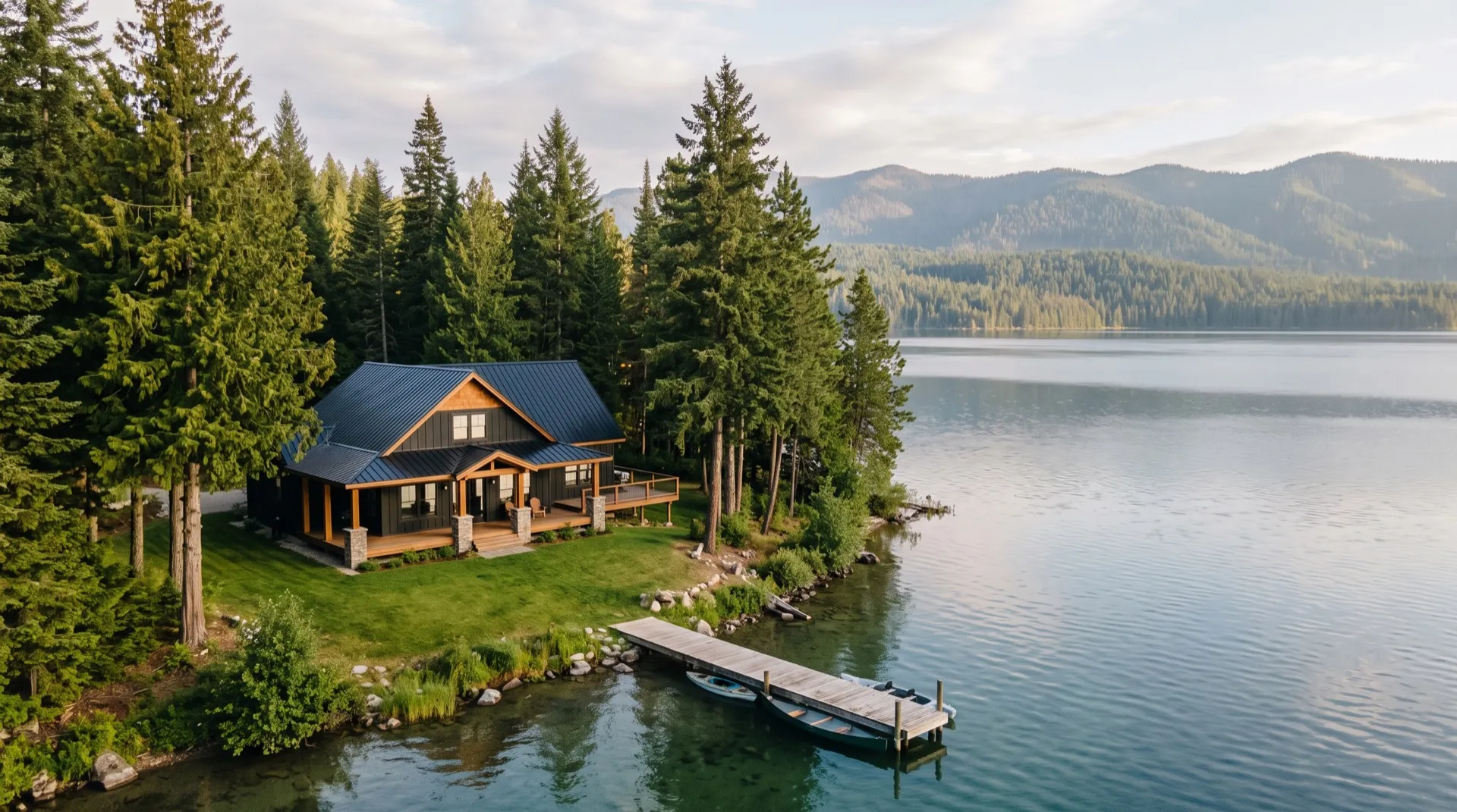 Aerial view of a black and cedar cabin-style custom home on the shore of Priest Lake among tall cedar and pine trees