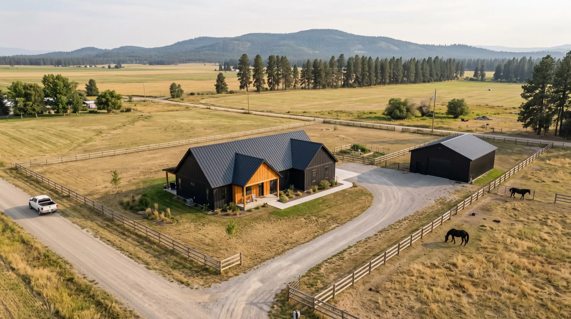 Aerial view of a black board-and-batten home with a shop on the prairie, Rathdrum Mountain behind