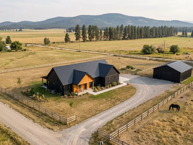 Aerial view of a black board-and-batten home with a shop on the prairie, Rathdrum Mountain behind