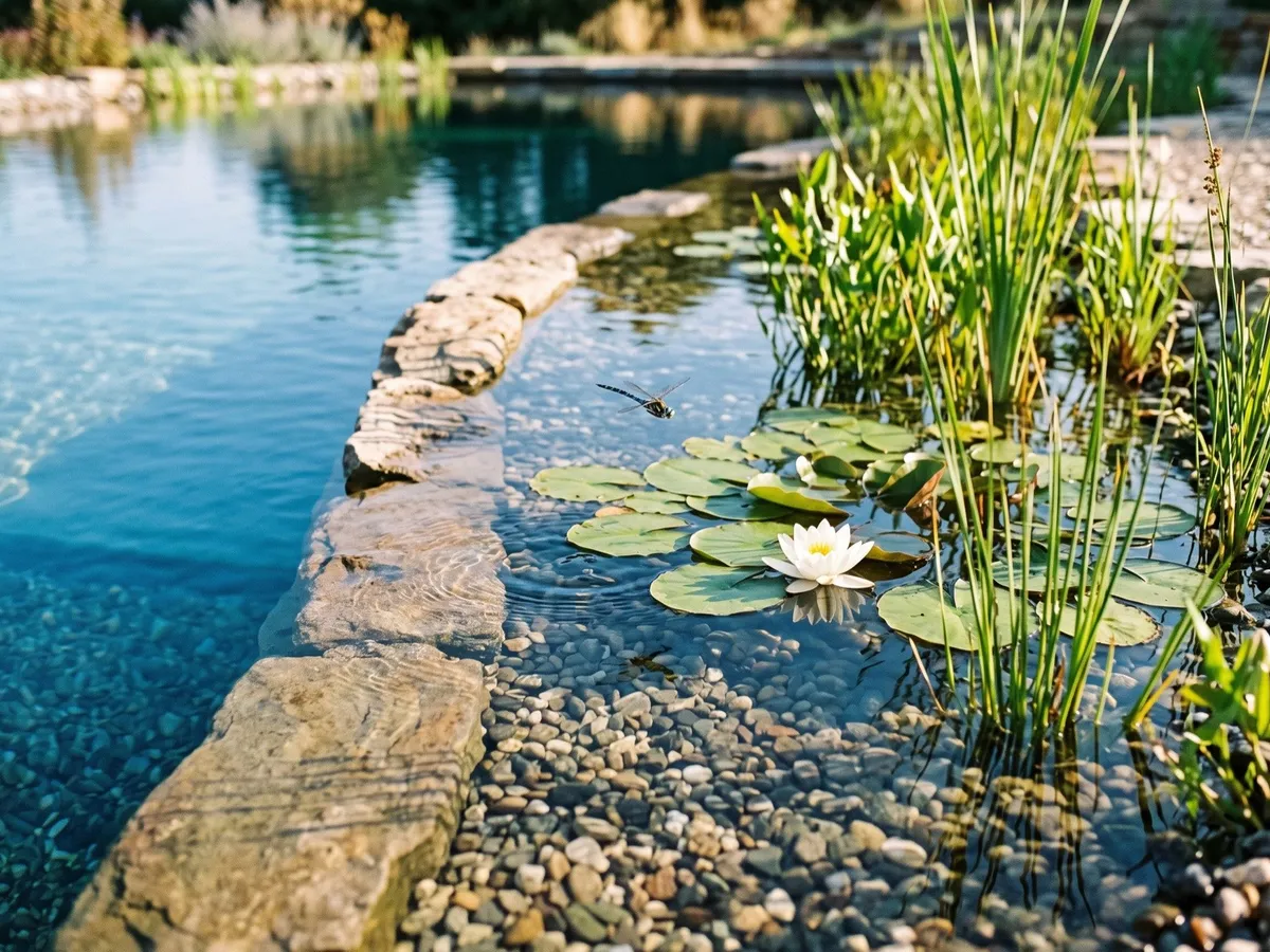 Concept image of a planted regeneration zone with reeds and gravel bordering a natural pool