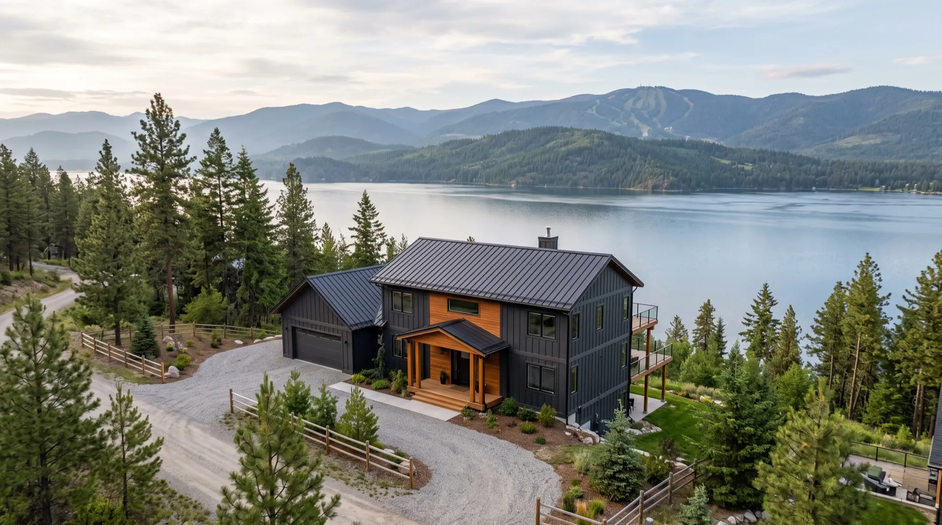 Aerial view of a modern dark board-and-batten custom home with cedar accents on a forested lot above Lake Pend Oreille near Sandpoint