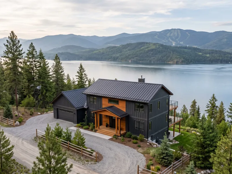 Aerial view of a modern dark board-and-batten custom home with cedar accents on a forested lot above Lake Pend Oreille near Sandpoint
