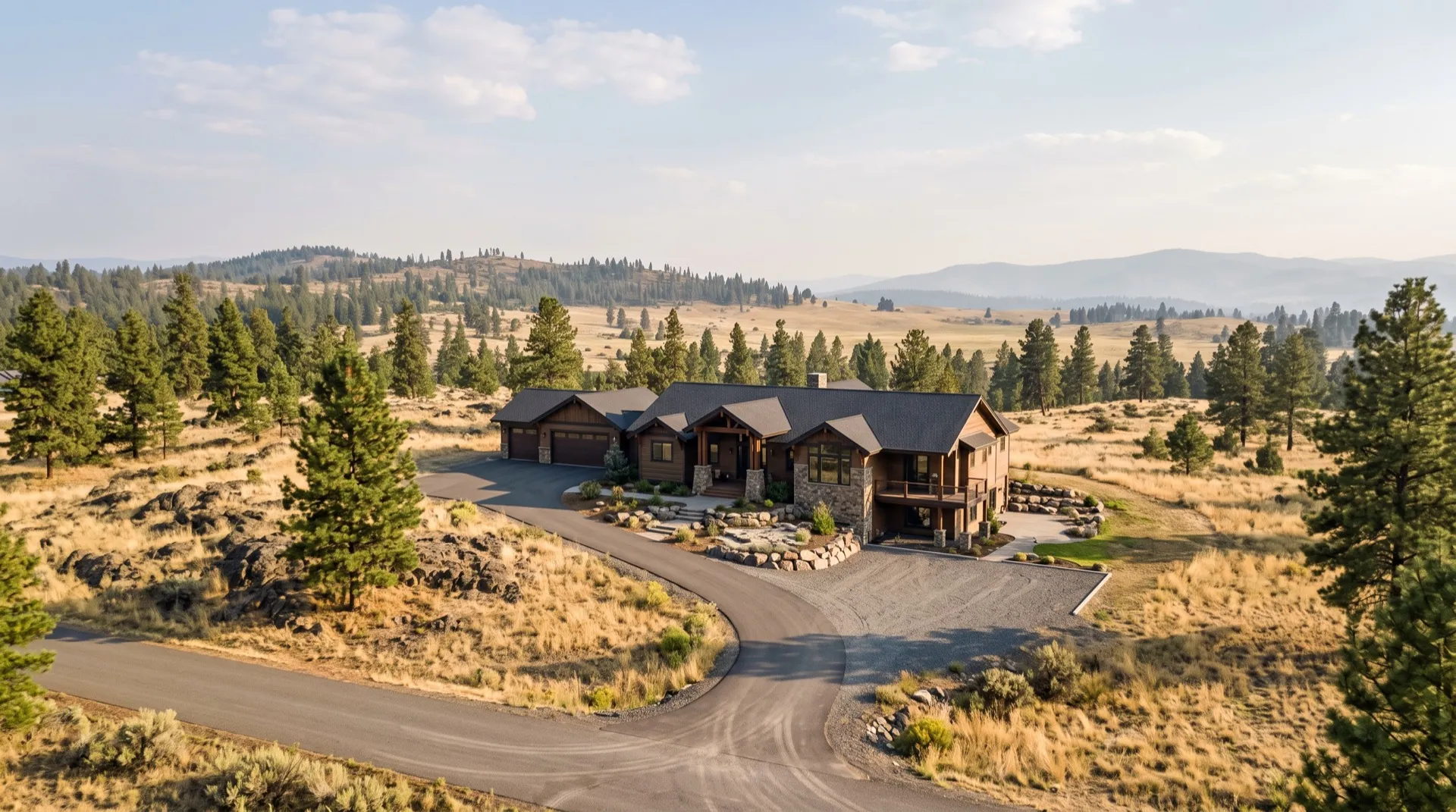 Aerial view of a craftsman-modern custom home on a pine and basalt lot in the Spokane, Washington area