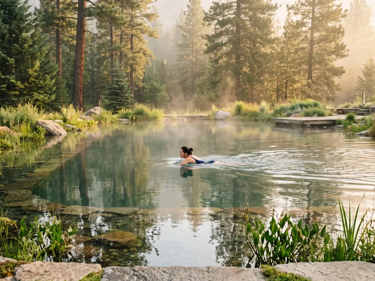 Concept image of a natural pool's clear swim zone in morning light